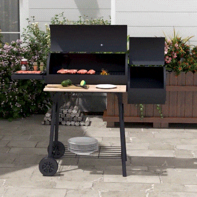 Outsunny Charcoal BBQ Grill with Offset Smoker Portable Backyard Cooking Smoker, 124 x 53 x 104 cm, Black