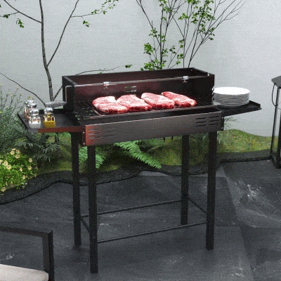 Outsunny BBQ Rotisserie Grill Charcoal, Split Roaster for Chicken Turkey, 3-Level Grill Grate, Storage Shelves, Stainless Steel