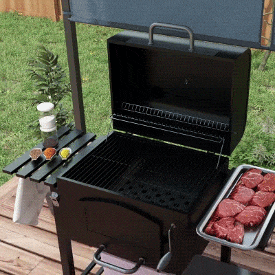 Outsunny Charcoal Smoker Adjustable Height, Folding Shelves, Thermometer, and Wheels, Black