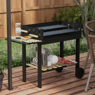 Outsunny Charcoal Grill,Barbecue Trolley with Double Adjustable Grill, Side Table, Storage Shelf and Wheels, Black