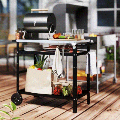Outsunny BBQ Stand with Stainless Steel Top Adjustable Shelf, Outdoor BBQ Station with Hooks Seasoning Tray Towel Rack