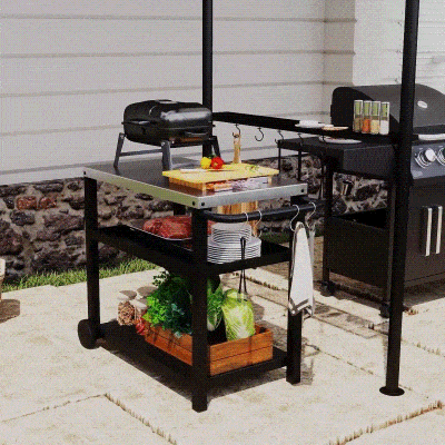 Outsunny 3-Shelf Outdoor Grill Dining Cart Pizza Oven Stand with Stainless Steel Top, Movable BBQ Food Prep Table Outdoor Kitchen Island with Hooks Wheels Handle, Charcoal Grey