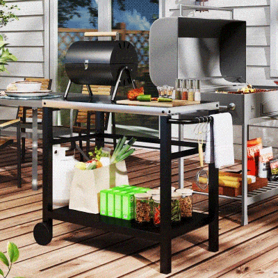 Outsunny Outdoor Grill Dining Cart with Stainless Steel Tabletop, 2-Shelf BBQ Movable Pizza Oven Stand with Wheels, Charcoal Grey