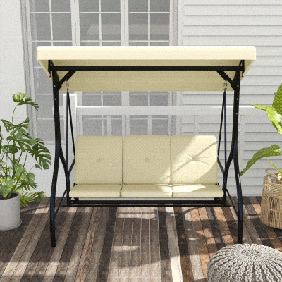 Outsunny Convertible Patio Swing Bed with Canopy and Cushions, 3 Seater Porch Swing for Outdoor, Backyard, Garden, Beige