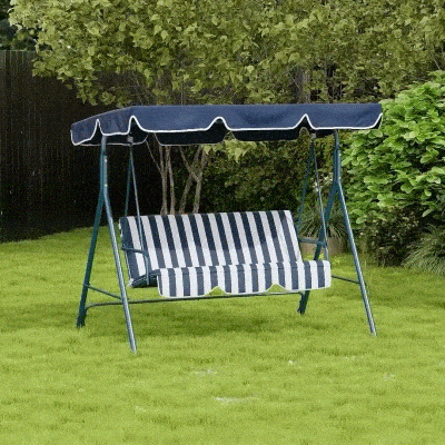 Outsunny 3-Seater Outdoor Porch Swing with Adjustable Canopy, Patio Swing Chair for Garden, Poolside, Backyard, Blue and White