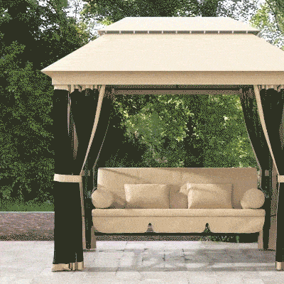 Outsunny 3 Person Outdoor Patio Daybed 3 in 1 Canopy Gazebo Swing Chair Garden Hammock with Mesh Mosquito Net and Sun Shade, Beige