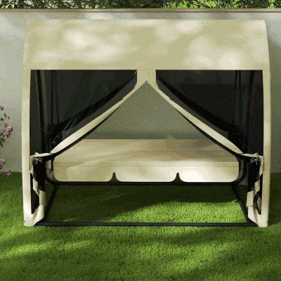 Outsunny 3-Seater Outdoor Swing Chair Chaise Lounger Bed Garden Hammock with Steel Stand, Canopy Netting Walls, Beige