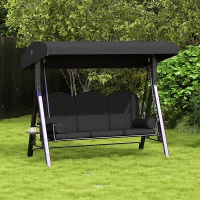 Outsunny Outdoor Patio 3-Person Steel Canopy Cushioned Seat Bench Swing with Included Side Trays & Padded Comfort, Black
