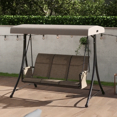 Outsunny 3 Person Porch Swing Outdoor Swing Chair with High Back Design, Side Pouches and Adjustable Canopy, Brown
