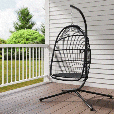 Outsunny Wicker Egg Swing Chair with Stand, Foldable Hanging Egg Chair with UV Resistant Cushion, Headrest, Dark Grey