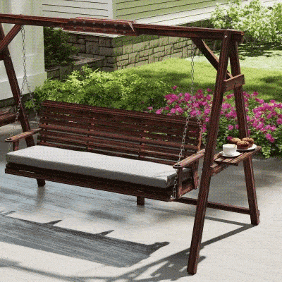 Outsunny 3-Seat Wooden Patio Swing with Stand & Cushion, Brown