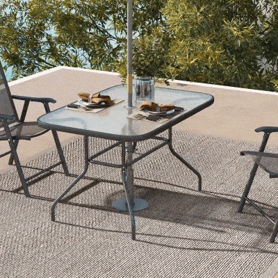 Outsunny Metal Garden Dining Table with Umbrella Hole, Outdoor Patio Table with Tempered Glass Top, 47.25" x 31.5"