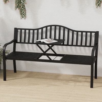 Outsunny Metal Outdoor Bench with Liftable Middle Table, Patio Loveseat, Garden Bench for Lawn, Porch, Seats 2–3 People, Black