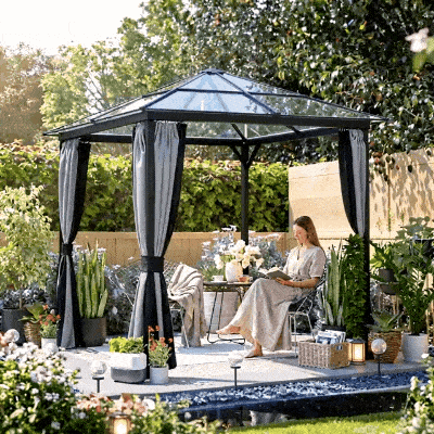 Outsunny 10x10ft Hardtop Gazebo with Aluminum Frame, Polycarbonate Gazebo Canopy with Curtains and Netting