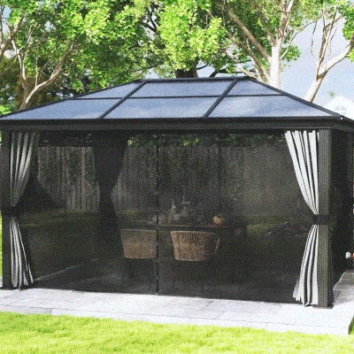 Outsunny 12' x 15' Hardtop Gazebo Canopy with Polycarbonate Roof, Aluminum Frame, Netting, Curtains and Ceiling Hook, Dark Grey
