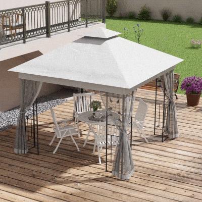 Outsunny 10'x10' Soft-top Steel Patio Gazebo Outdoor Sun Shelter with 2-Tier Polyester Roof, Curtain Sidewalls, Light Grey