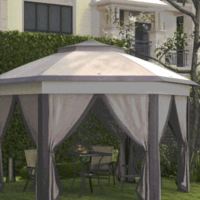 Outsunny 13' x 13' Pop Up Canopy Tent with Netting and Carry Bag, Instant Sun Shelter, Hexagon Tents for Parties, Outdoor, Garden, Patio, Coffee and Beige