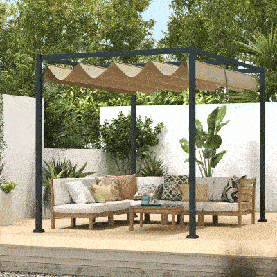 Outsunny 10' x 7' Patio Pergola with Retractable Canopy, Outdoor Sun Shelter, Yard Shade, Khaki