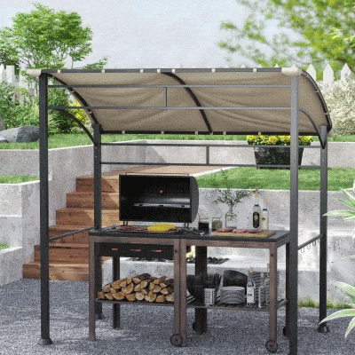 Outsunny 7' x 5' BBQ Grill Gazebo Tent, Garden Grill Canopy with Steel Frame and Hooks, Outdoor Sun Shade, Khaki
