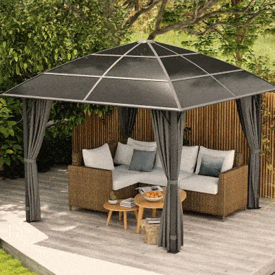 Outsunny 10' x 10' Hardtop Gazebo, Outdoor Gazebo Canopy with UV60+ Polycarbonate Roof, Curtains, Central Hook and Steel Frame for Garden, Lawn, Backyard, Deck, Dark Grey