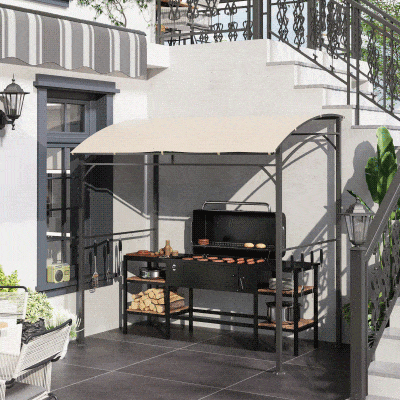 Outsunny 7' x 5' BBQ Grill Gazebo Tent, Garden Grill Canopy with Steel Frame and Hooks, Outdoor Sun Shade, Beige