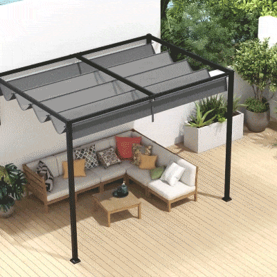 Outsunny 10' x 7' Lean To Pergola, Metal Pergola with Retractable Roof for Grill, Garden, Patio, Deck