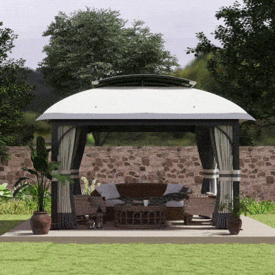 Outsunny 11' x 13' Patio Gazebo, Double Roof Outdoor Gazebo Canopy with Netting & Curtains, Galvanized Metal Frame, Light Grey