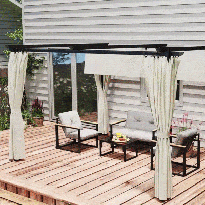 Outsunny 10' x 13' Pergola with Retractable Canopy and Curtains, UPF30+ Sun Shade Shelter for Grill, Garden, Backyard, Deck