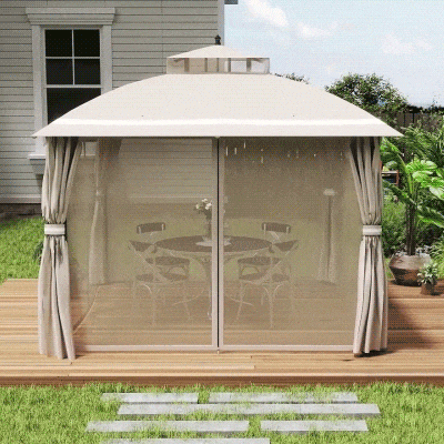 Outsunny 10' x 12' Outdoor Gazebo, Double Roof Patio Gazebo Canopy with Netting and Curtains for Garden, Lawn, Backyard, Deck