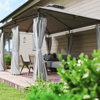 Outsunny 10' x 13' Double Roof Patio Gazebo, Softtop Gazebo with Curtains, for Garden, Lawn, Backyard and Deck, Dark Grey