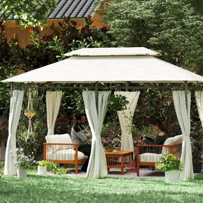 Outsunny 10' x 13' Double Roof Patio Gazebo, Outdoor Gazebo with Curtains, for Garden, Lawn, Backyard and Deck, Cream White