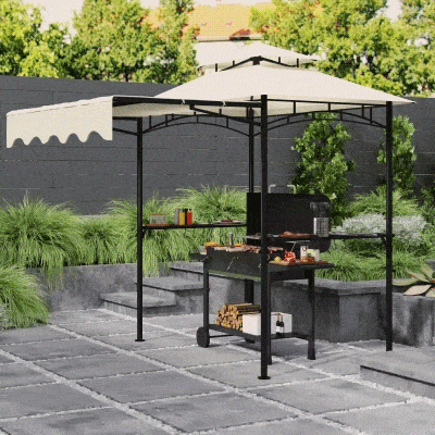 Outsunny 8' x 7.6' Grill Gazebo, Double Tiered Barbecue Grill Gazebo Shelter w/ Side Awning, 2 Side Shelves, 6 Hooks, Beige