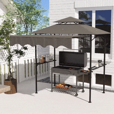 Outsunny 8' x 7.6' Grill Gazebo, Double Tiered Barbecue Grill Gazebo Shelter w/ Side Awning, 2 Side Shelves, 6 Hooks, Light Grey