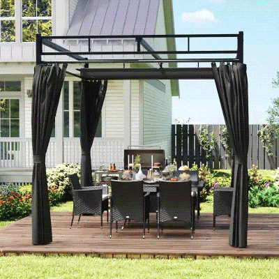 Outsunny 10' x 10' Outdoor Gazebo, Retractable Pergola Canopy with Curtains, UPF30+ Free Standing Metal Pergola Kit, Dark Grey