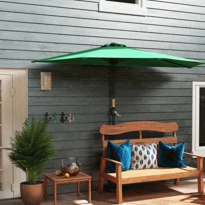 Outsunny 9ft Half Round Patio Umbrella, Outdoor Market Patio Table Umbrella Parasol with Crank Mechanism, 5 Ribs, Dark Green