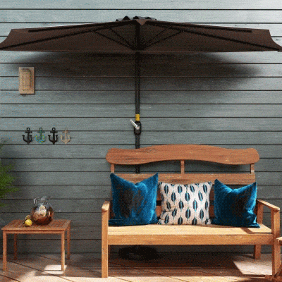 Outsunny 9ft Half Round Patio Umbrella, Outdoor Market Patio Table Umbrella Parasol with Crank Mechanism, 5 Ribs, Grey