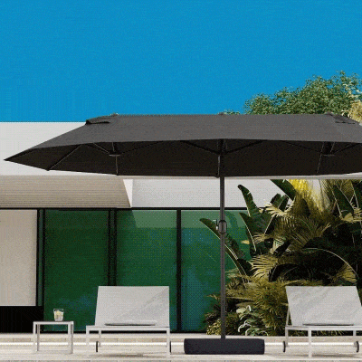 Outsunny 15' Outdoor Patio Umbrella with Twin Canopy Sunshade Steel Table Umbrella w/ Lift Crank, Cross Base, Sandbag, Dark Grey