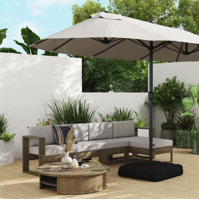 Outsunny 15' Outdoor Patio Umbrella with Twin Canopy Sunshade Steel Table Umbrella w/ Lift Crank, Cross Base, Sandbag, Khaki