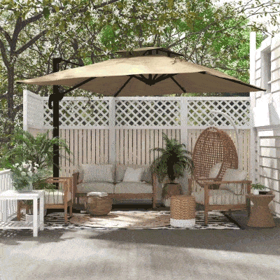 Outsunny 10ft Square Cantilever Patio Umbrella, 360° Rotating Overhanging Umbrella with Cross Base, Crank Handle, Khaki