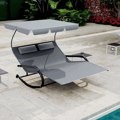 Outsunny Patio Outdoor Bed, Outdoor Chaise Sun Lounger for Two Person with Adjustable Canopy, Detachable Pillows, and Wheels for Sun Room, Garden, Poolside, Dark Gray