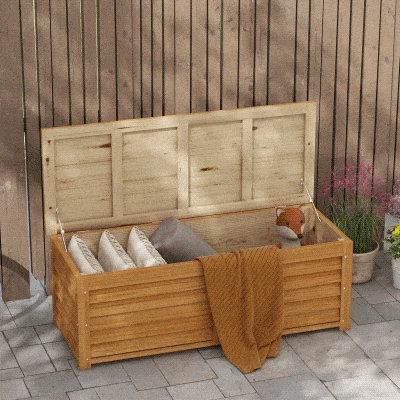 Outsunny 176L Outdoor Storage Box, Wooden Deck Storage Container with 2 Safety Hinges for Balcony, Porch, Poolside, Light Brown