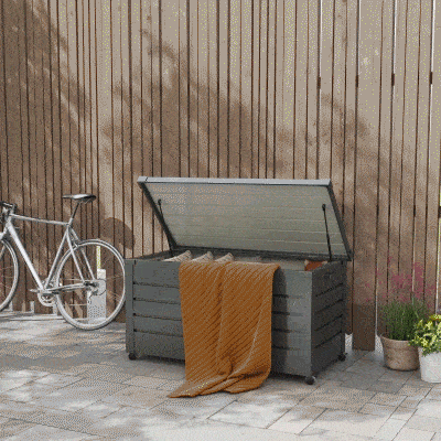 Outsunny 82 Gallon Garden Storage Box, Waterproof Outdoor Storage Container with Wheels and Handles, Dark Grey