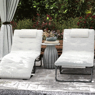 Outsunny 2-Piece Folding Lounge Chairs with Adjustable Backrest, Tanning Chair with Cushion, Side Pocket, Headrest, Beige