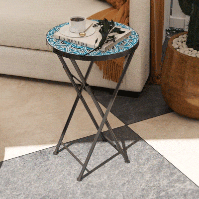 Outsunny Mosaic Outdoor Patio Side Table, 14" Round Folding Outdoor Coffee Table with Steel Frame for Balcony Deck Patio Terrace, Blue