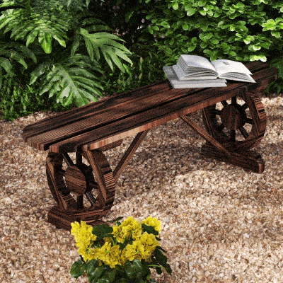Outsunny 2-Person Outdoor Bench, Wood Garden Bench with Wagon Wheel Legs, Slatted Seat for Patio, Park, Backyard, Carbonized