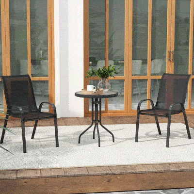 Outsunny 3 Pieces Bistro Set, Small Patio Furniture Set with Stackable Mesh Chairs, Glass Table for Garden, Balcony, Black