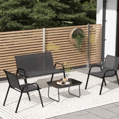 Outsunny 4 Pieces Outdoor Furniture Set with 2 Stackable Chairs, Loveseat, Patio Conversation Set with Glass Coffee Table, Black