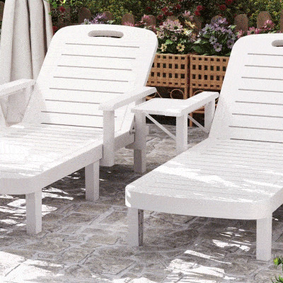 Outsunny Set of 2 Tanning Chair, 5 Positions Adjustable Outdoor Lounge Chairs with Foldable Side Table, White