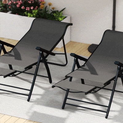 Outsunny Folding Patio Chairs Set of 2, 5-Position Outdoor Lounge Chairs with High Back, Retractable Footrest, Dark Grey