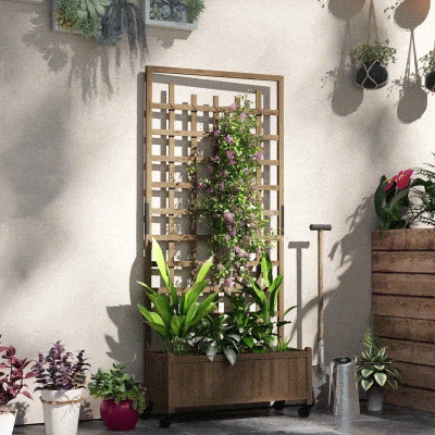 Outsunny Wooden Planter with Trellis, Raised Garden Bed with Wheels, Drainage Holes for Climbing Plants, Flowers, Brown